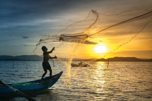 Image of a guy fishing with a net to catch wild catch fish which is better than farmed fish.