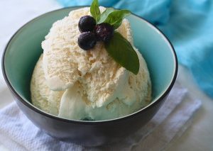 Recipes for healthier ice creams with an image of vanilla ice cream in a bowl.