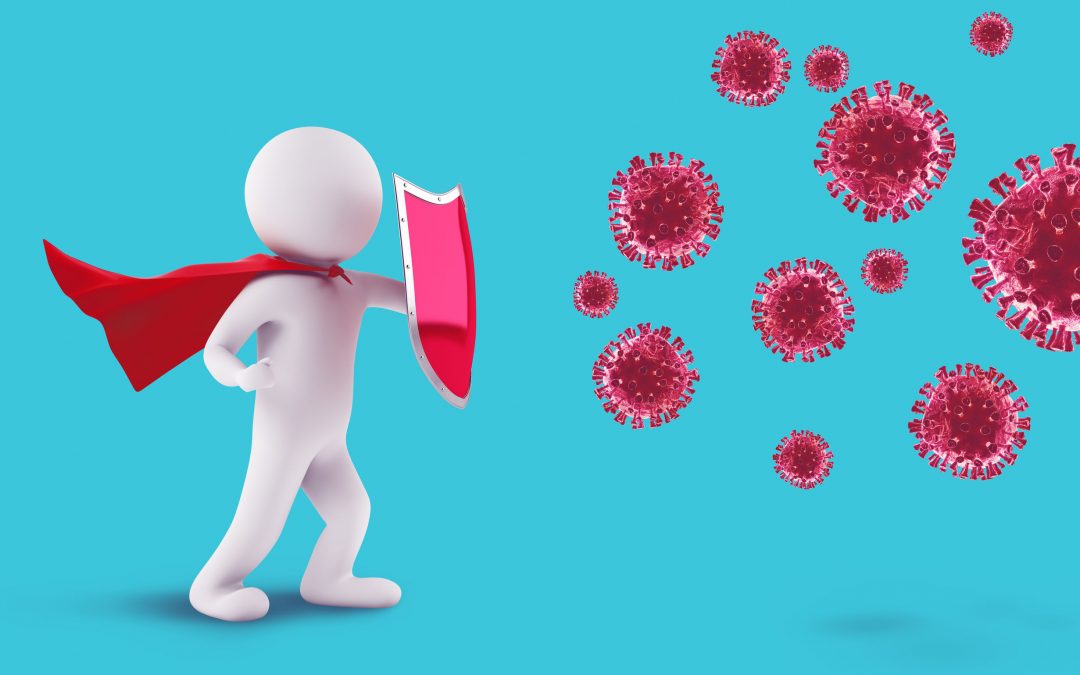 A image of a person defending their immune system from viruses with a shield to discuss the immune system first line of defense.