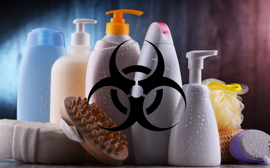An image of body care products with a biohazard sign over them to talk about bad ingredients in skin care