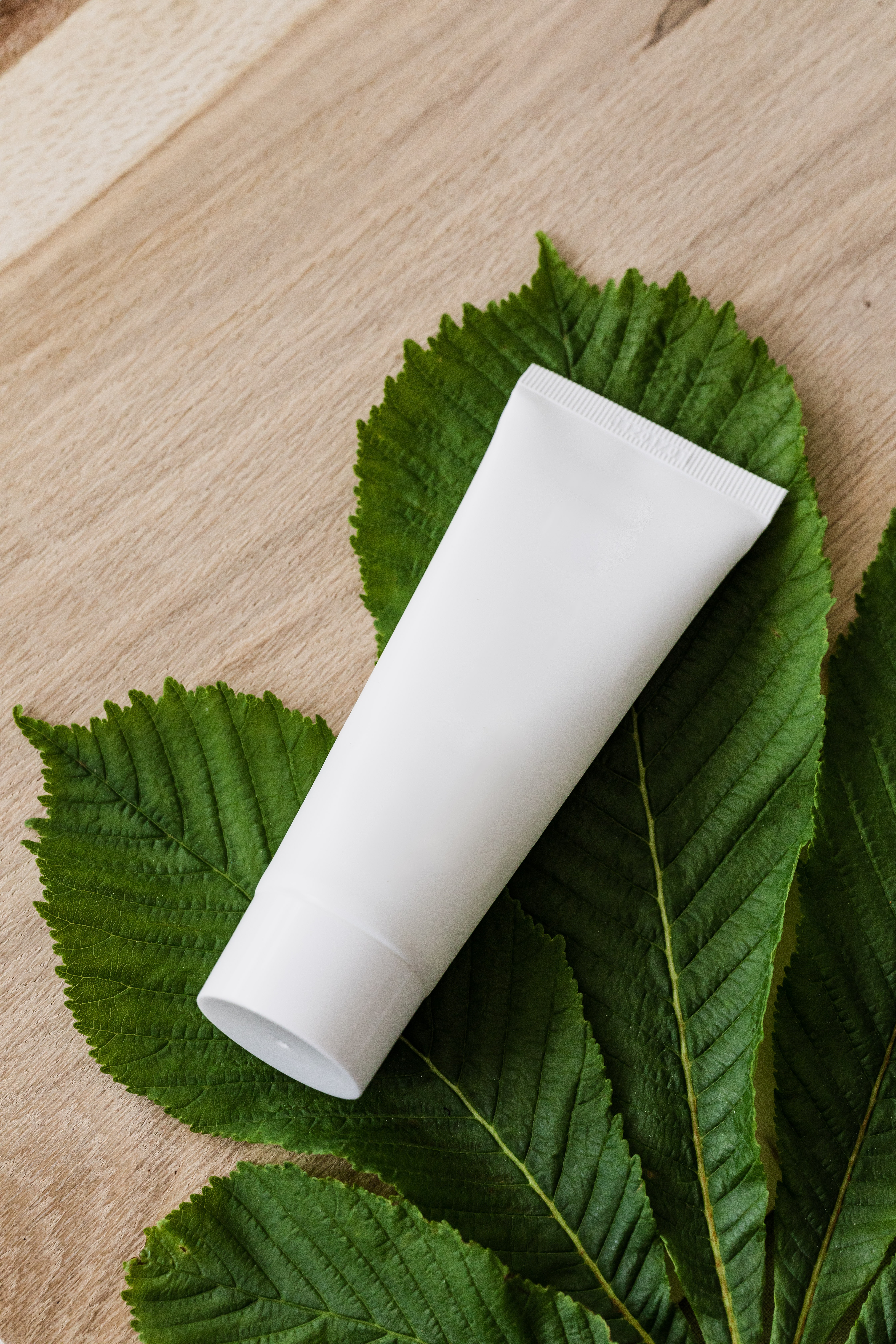 An image of a white plastic tube on top of some green leaves to represent choosing natural nontoxic skin care products