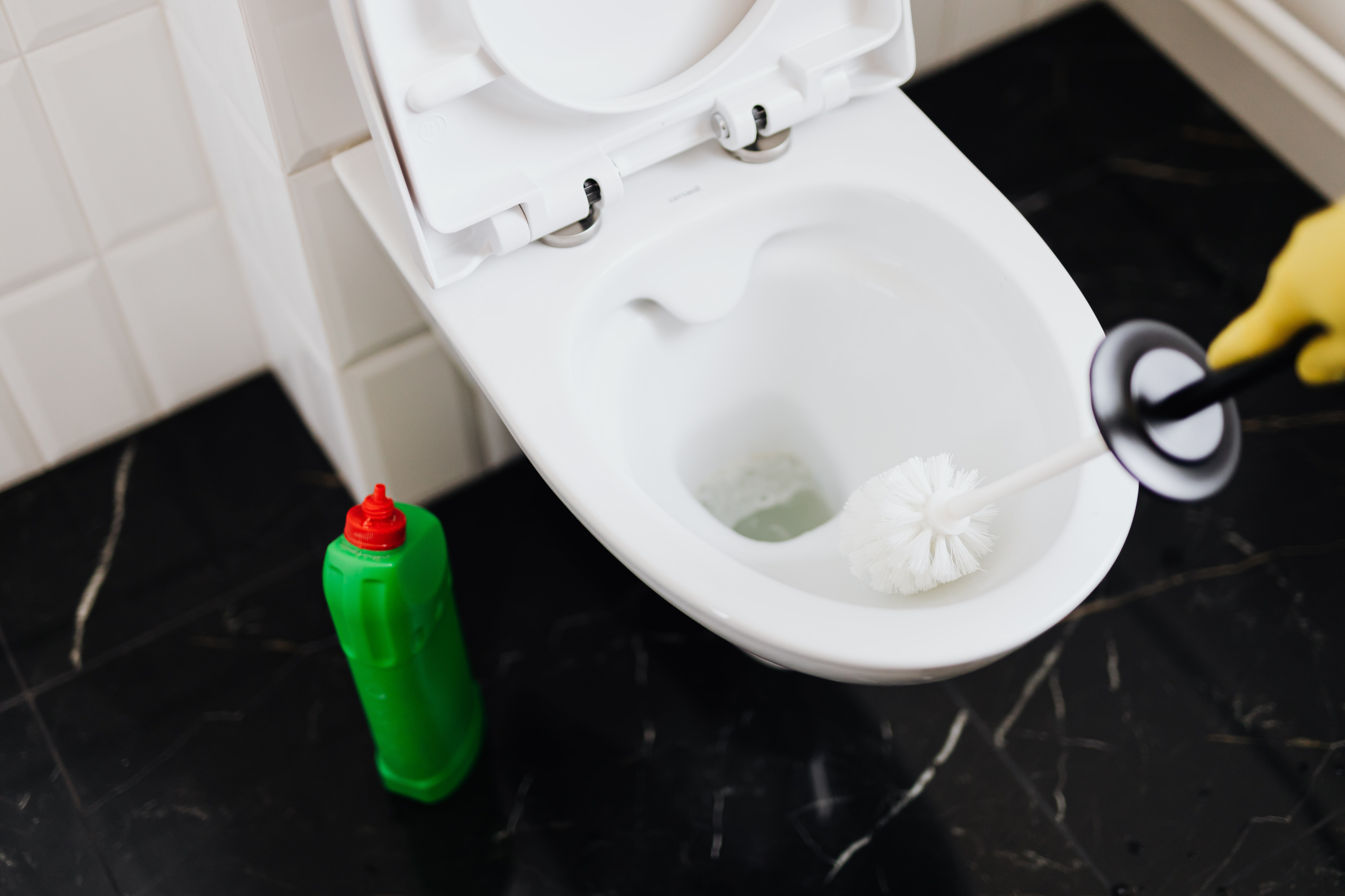 An image of a hand cleaning a toilet bowl with chemical cleaners to talk about what chemical cleaning products are dangerous.