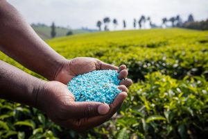 An image of a person holding chemical fertilizer to talk about how toxic it is to a person's health. 