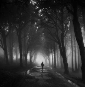 An image of a person walking alone on a dark path to talk about how loneliness is becoming more common and how it affects our health. 