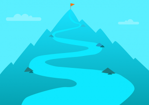 An image of a path going up a mountain to reach a flag at the top to talk about how it is dangerous to choose one purpose in life and base your happiness around that.